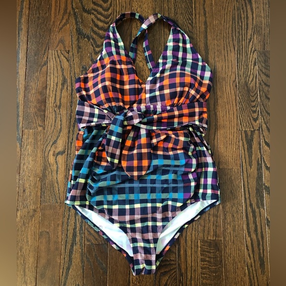 Motherhood Maternity M Checkered Orange/Blue One Piece w/Cross Straps & Bow NWOT - Picture 1 of 12